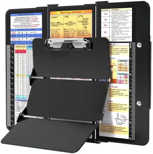 10 Essentials Every New Nurse Grad Should Have Nursing Clipboard Foldable, Foldable Clip Board w/Nursing Edition Cheat Charts, 3 Layers Aluminum, Nurse Clipboards w/Low Profile Clip & Pen Clip Pocket for Students, Nurses and Doctors, Black