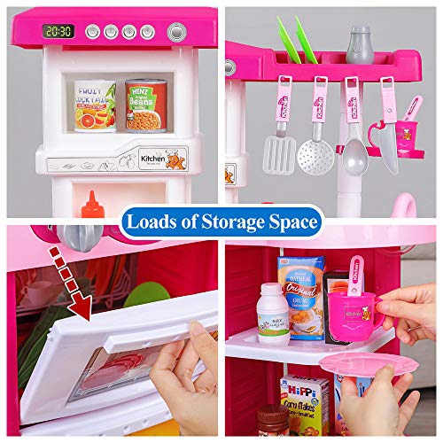 Temi Kitchen Playset Pretend Food - 34 PCS Kitchen Toys for Toddlers, Toy Accessories Set w/ Real Sounds and Light, Suitable Height (Pink)