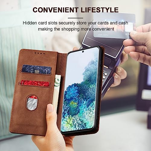 Image of Jasonyu Flip Wallet Case for Samsung Galaxy S20 5G,Leather Magnetic Folio Cover with Card Holder,Kickstand - TPU Shockproof Durable Protective Phone Case,Brown