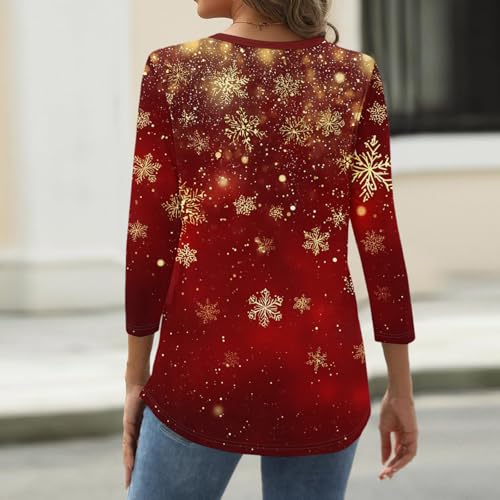 Image of Women Christmas Shirt 3 /4 Length Sleeve Henley Tops Xmas Outfits