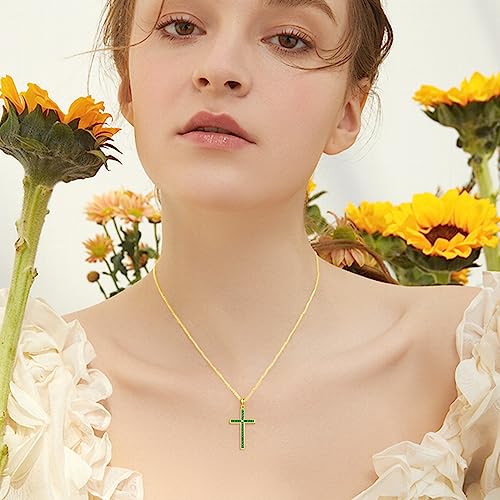SISGEM 14K Gold Emerald Cross Necklace for Women,Yellow Gold Moissanite Cross Pendant Necklaces Religious Jewelry Anniversary Birthday Gifts for Wife Mom,16''-18''2