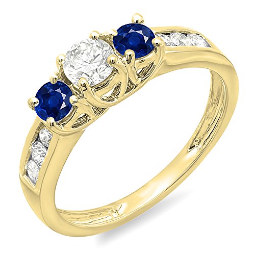 Dazzlingrock Collection 14K Solid Gold Round Cut Blue Sapphire & White Diamond Womens 3 Stone Engagement Bridal Ring