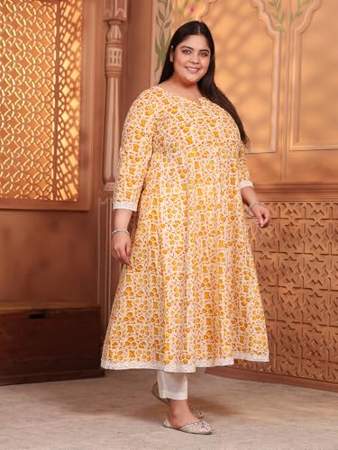 Image of MEERA FAB Women's Pure Cotton Printed Anarkali Kurta with Palazzos & Dupatta