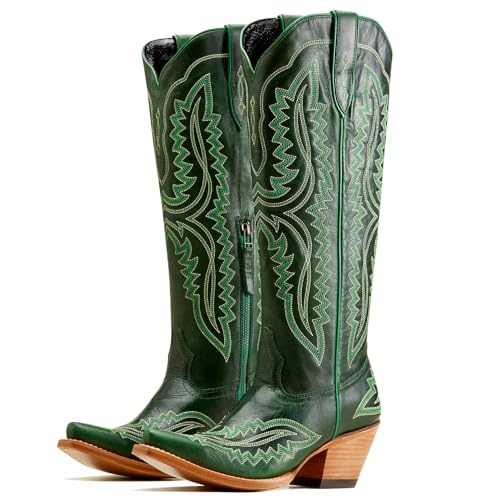 Meefit Cowboy Boots for Women Knee High Cowgirl Boots Pointed Toe Chunky Heel Western Boots,Retro Country Boots,Vintage Tall Boots