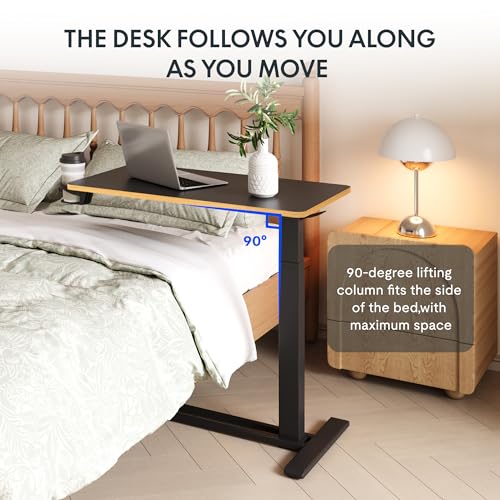 Image of FLEXISPOT H7 Adjustable Overbed Bedside Table with Wheels Pneumatic Mobile Standing Desk Laptop Desk Rolling Computer Cart Movable Overbed Table Hospital Home Use(31.5 inch W x 17.7 inch D, Black Maple Large)