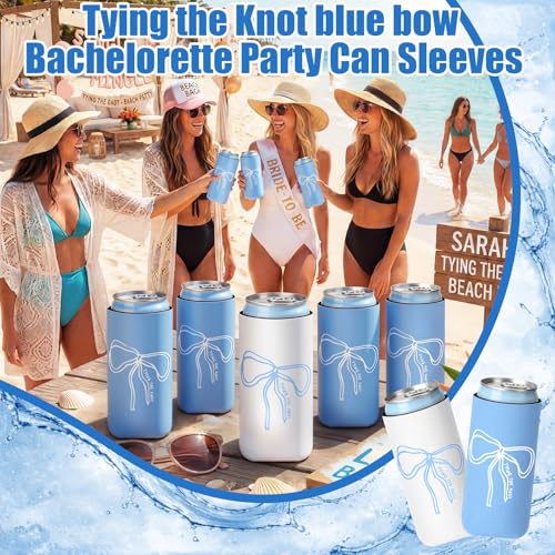 Image of SiliFine 12 Pcs Bachelorette Party Can Sleeves Bulk Coquette Bachelorette Party Decoration Cowgirl Can Sleeves for Bridal Shower Gifts (3.5 x 5.5 Inches,Blue Bow)