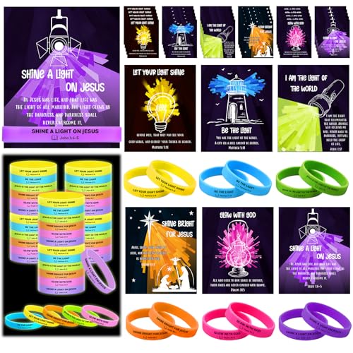 Teyva Daily 30 Sets/60 Pcs Christian Bracelets Gift Glow in The Dark Matthew Wristbands with Bible Verse Cards Illumination Station Let Your Light Shine Religious Gifts for Vbs Church Party Favors