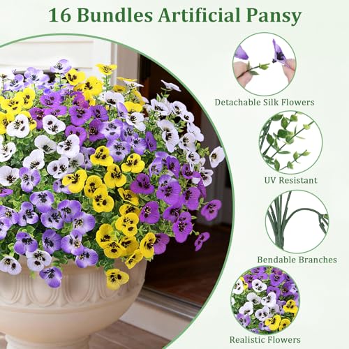 Image of Bassion 16 Bundles Artificial Pansy Flowers for Outdoors Decorations, Mixed