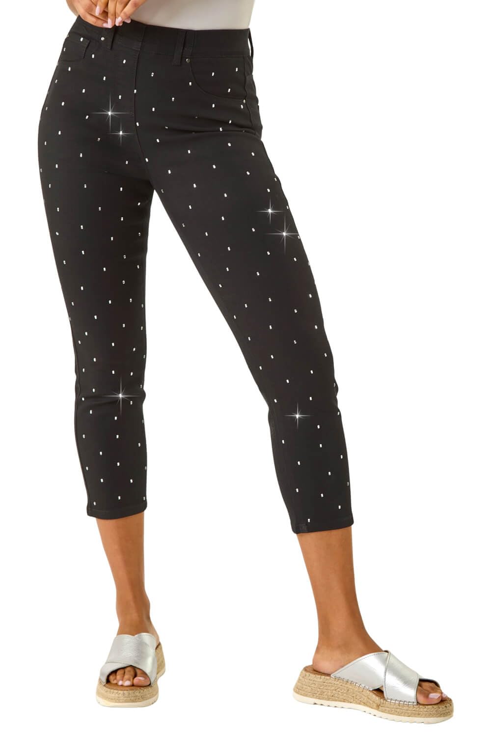 Roman Originals Embellished Cropped Stretch Jeggings for Women UK - Ladies Everyday Holiday Spring Summer Comfy Soft Evening Vacation Work Party - Sparkly Black - Size 10