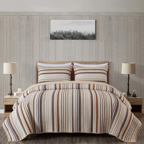 Image of Chezmoi Collection Avery Striped Cotton Quilt Set Queen Size, 3-Piece Soft Pre-Washed 100% Cotton Quilt, Multi-Color Brown