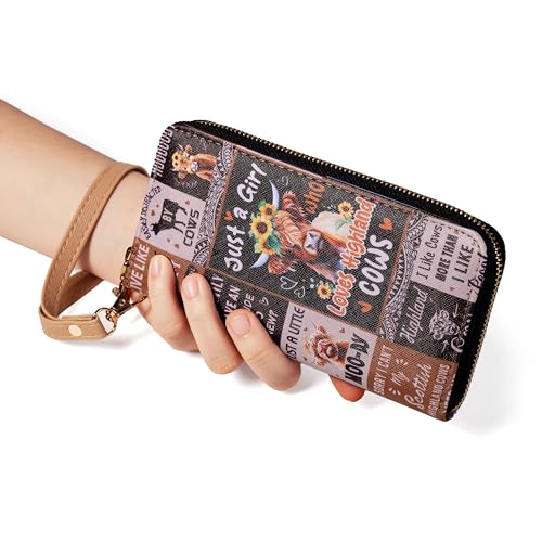 Image of Checkered Highland Cow Print Book Wallet For Women Skull Goth Frog Butterfly Ladies Cluth Wristlet Wrist Strap Long Purse Zip Around Card Holder