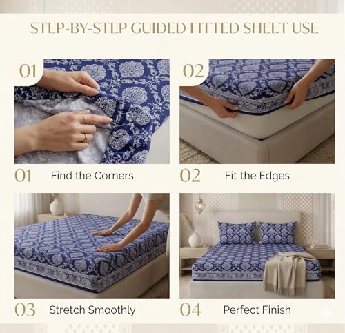 Image of VAS COLLECTIONS 180 TC Cotton Fitted Bedsheet Double Bed (72x78+8 Inches) with 2 Pillow Covers - Soft Breathable Skin Friendly Jaipuri Printed Elastic Fitted Bed Sheet, Indigo & Frost