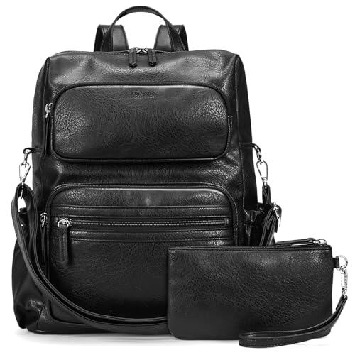 Marvolia PU Leather Backpack for Women - Vintage Womens Backpacks with Wristlet Convertible Crossbody Shoulder Bag for Daily Use Work Party - Black