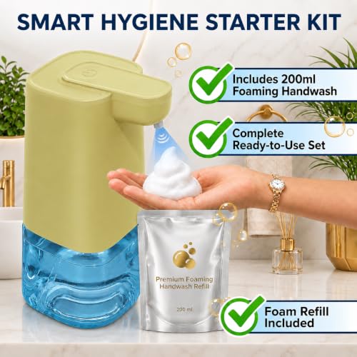 Image of Automatic Foaming Soap Dispenser with 200ml Foaming Handwash Refill Included, 350ml Touchless Soap Dispenser, Smart Infrared Sensor,IPX4 Waterproof for Kitchen & Bathroom (Yellow)