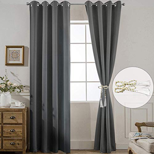 Yakamok Thermal Insulated Solid Grommet Light Blocking Blackout Curtains for Living Room, Room Darkening Blackout Drapes for Bedroom(Dark Grey, 52Wx96L, 2 Panels)