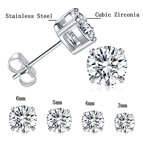 MDFUN Titanium Stud Earrings Set Hypoallergenic Cubic Zirconia Round Surgical Stainless Steel 4 Prong Stud Earring Jewelry for Women Men 3-8mm4