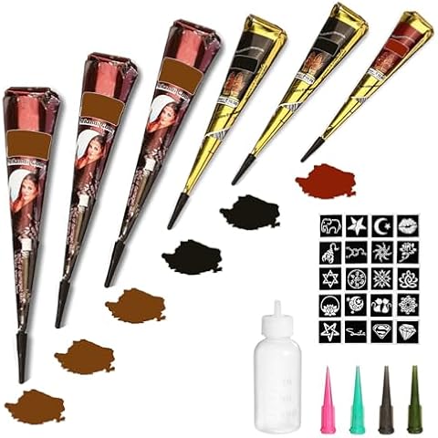 Temporary Tattoos Kit, 6Pcs Semi Permanent Tattoo Paste Cones, India Body DIY Art Painting for Women Men Kids, Summer Trend Freehand Plaste with 3 Colors,20Pcs Adhesive Stencil,1Pc Bottle,4Pcs Nozzles Cover