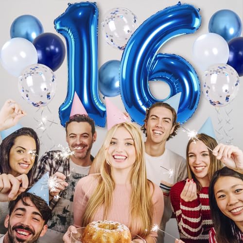 Image of 16 Balloon Number Blue, Big Number 16 Balloon Pastel Navy Dark Blue with Metallic Silver Confetti Balloon for Boys 16th Birthday, Foil 40'' Self Inflating Balloon 16 for Anniversary Party Decorations