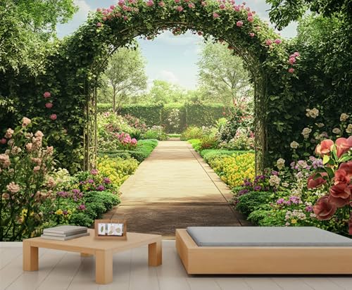 XBITUE Green Archway Wall Mural, British Royal Garden Mural, Flowers Wallpaper, English Garden Wall Murals for Living Room Bedroom TV Background Dining Room (Non-self-Adhesive)