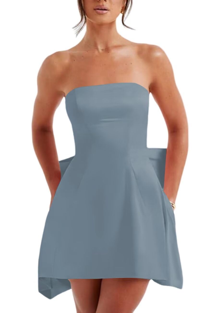 PUXIU Satin Homecoming Dressse for Teens with Pockets Strapless Prom Cocktail Mini Party Dress with Bow on Back PUS063