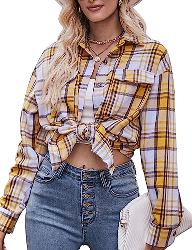 Camisas de franela blusa a cuadros mujer de manga larga botones Zontroldy gran tamaño