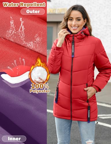 Yuson Girl Wintermantel Damen Warm Steppjacke Parka Lang Mantel Winter Jacke mit Kapuze Herbst Winter Steppmantel Outdoorjacke Elegant Kapuzenmantel mit Zipper, Tasche(Rot, L)