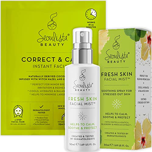 Seoulista Beauty Correct & Calm Instant Facial And Fresh Skin Facial Mist | Dermatologist Created Korean Skin Care | Soothing Face Sheet Mask And Spray #TOP28