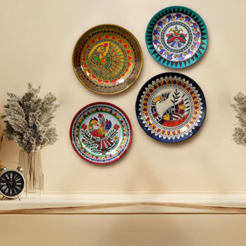 Image of Indian Madhubani Folk Art Ceramic Decorative Designer Wall Plates | Traditional Wall Hanging for Home & Office Decor (Set of 4 Plates - 2 x 10 Inch, 2 x 8 Inch)