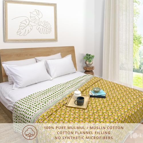 Image of TOAIArt Premium Jaipuri Dohar | AC Blanket Summer Quilt | Hand Block Printed | 3 Layers | Reversible | 150GSM 100% Mulmul Cotton | 100% Cotton Flannel Filling | King 108 inch X 90 inch |Pink Floral Pond