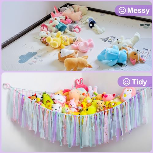 MHJY Toy Hammock Stuffed Animals Storage Net Soft Cuddly Toys Large Corner Hanging Net With LED Light Hand Woven Plush Macrame Organizer with Tassel for Kids Bedroom Nursery - Image 5
