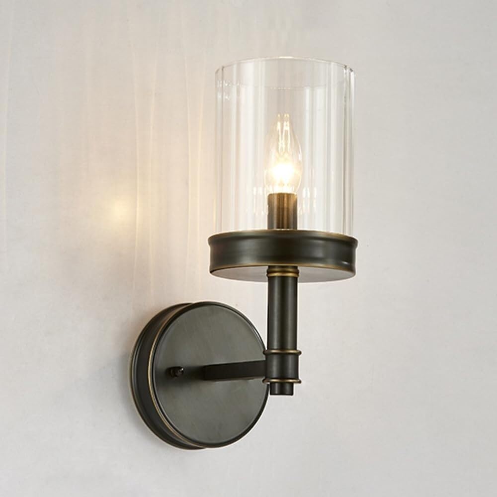 CWCQGH Glass Wall Lamp Brass Wall Sconce with Cylindrical Lampshade, E14 Socket Nordic Glass Wall Mounted Lamp for Bedroom Bedside Living Room Indoor Decor Wall Light for Bedroo,Noir