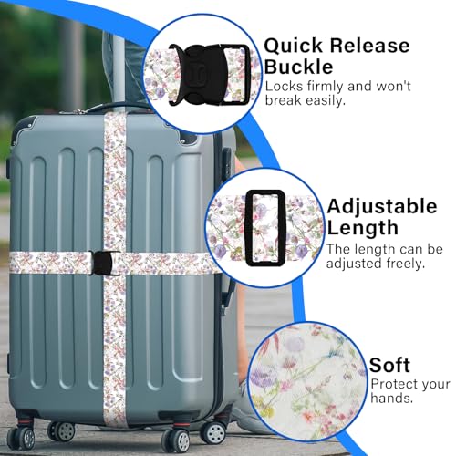 Image of Luggage Straps for Suitcases, Travel Adjustable Belt with Quick Release Buckle, Heavy Duty Nylon Bag Packing Strap, Unique Bright Identifiers Business Travel Accessories (2 Pack) - Purple Flowers