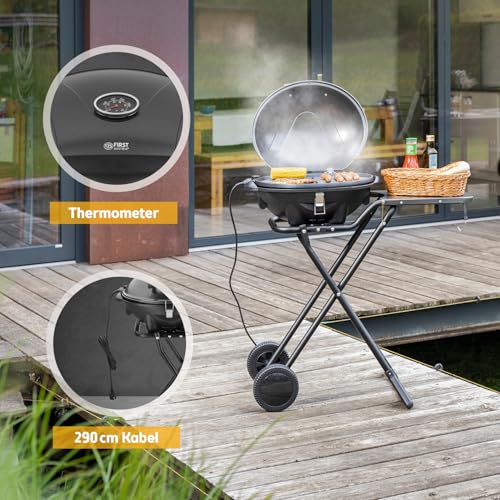 TZS First Austria - Elektrogrill 2 in 1 Tischgrill & Standgrill 2400W - Elektrischer & klappbarer Grill für Balkon & Terrasse mit Deckel & Rollwagen - Elektro-Kugelgrill mit Thermometer & Tropfschale 6
