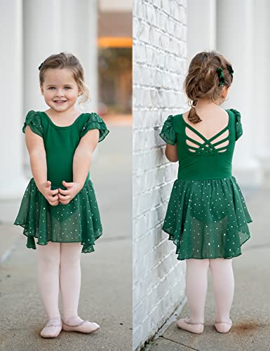 Image of Arshiner Girls Shiny Ruffle Sleeve Ballet Leotard with Skirt Criss-Cross Back Dance Dresses