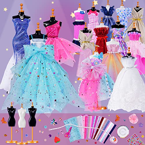 300+Pcs - Fashion Design Kit for Girls with 3 Mannequins - Creativity DIY Arts & Crafts Kit Sewing Kit for Kids Learning Toys - Teen Girls Kids Birthday Gift Age 6 7 8 9 10 11 12+ (2022 New Upgraded)