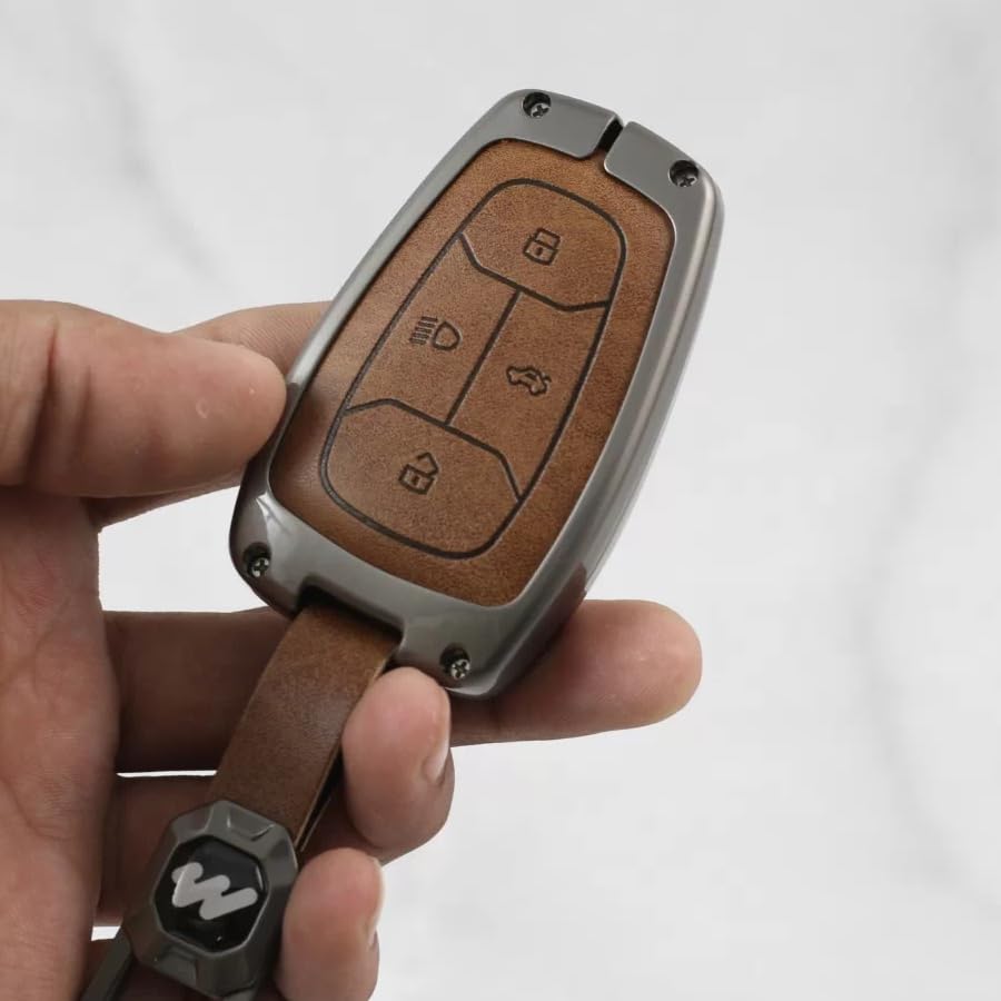 Image of Metal Keycover for Punch, Harrier, Altroz, Nexon, New Safari, Bolt, Tiago, Tigor - 4 Button Smart Key (Metal Leather)