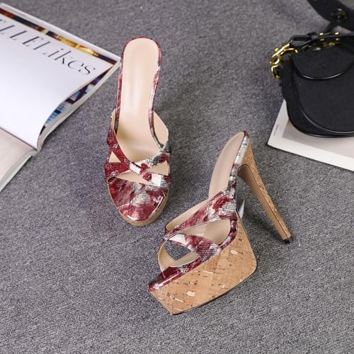 Image of Esvowido Heeled Mules for Women Cork Platform Stiletto Heels Slip on Open Toe High Heeled Sandals Crisscross Slippers Pumps Shoes