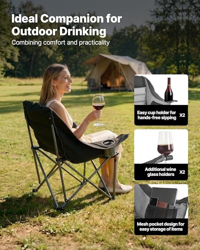 Image of VEVOR Oversized Camping Chairs, 450 lbs Heavy Duty Support, Portable Padded Folding Camp Chairs with Dual Cup Holders & Wine Glass Holders, Carry Bag for Outdoor, Fishing, Black & Gray, 1 Pack