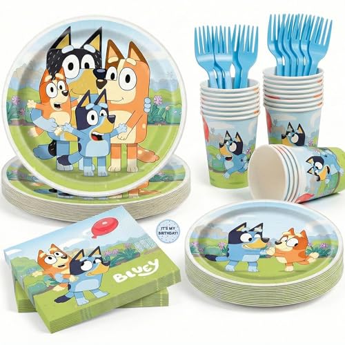 Bluey Birthday Decorations for Party | 16 Dinner Plates 16 Dessert Plates 16 Napkins 16 Cups 18 Forks | With Sticker | Officially Licensed