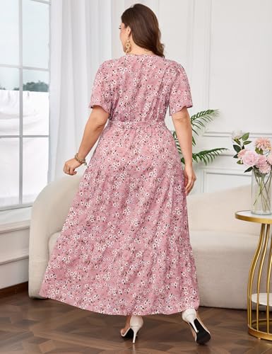 Image of ShopWonder Womens Plus Size V Neck Wrap Maxi Dress High Waist Ruffle Summer Casual Dress with Belt