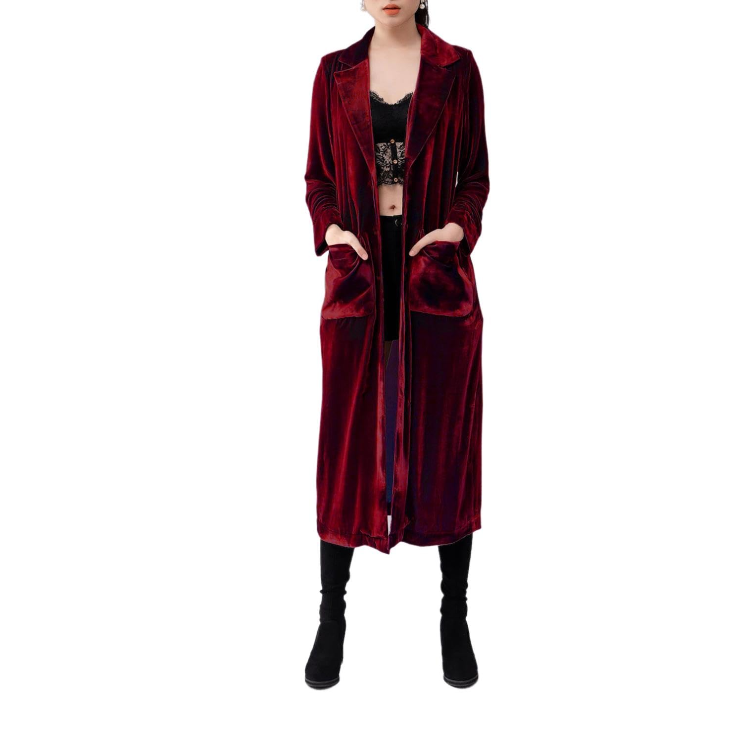 Womens Casual Velvet Blazer Jackets Lapel Long Sleeve Maxi Suit Coat Outerwear