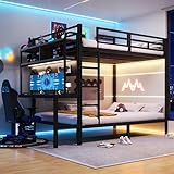 Letto a soppalco 140x200cm con luce LED e porta USB,metallo letto a castello matrimoniale con scrivania e vano portaoggetti,ringhiera di sicurezza,scaletta,ferro Letto per bambini,senza materasso,Nero