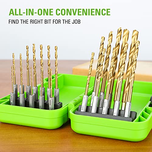 Image of Greenworks 22 PC Titanium Twist Drill Bit Set, 135 Tip High Speed Steel, Ideal Drilling in Wood /Cast Iron /Aluminum Alloy /Plastic /Fiberglass