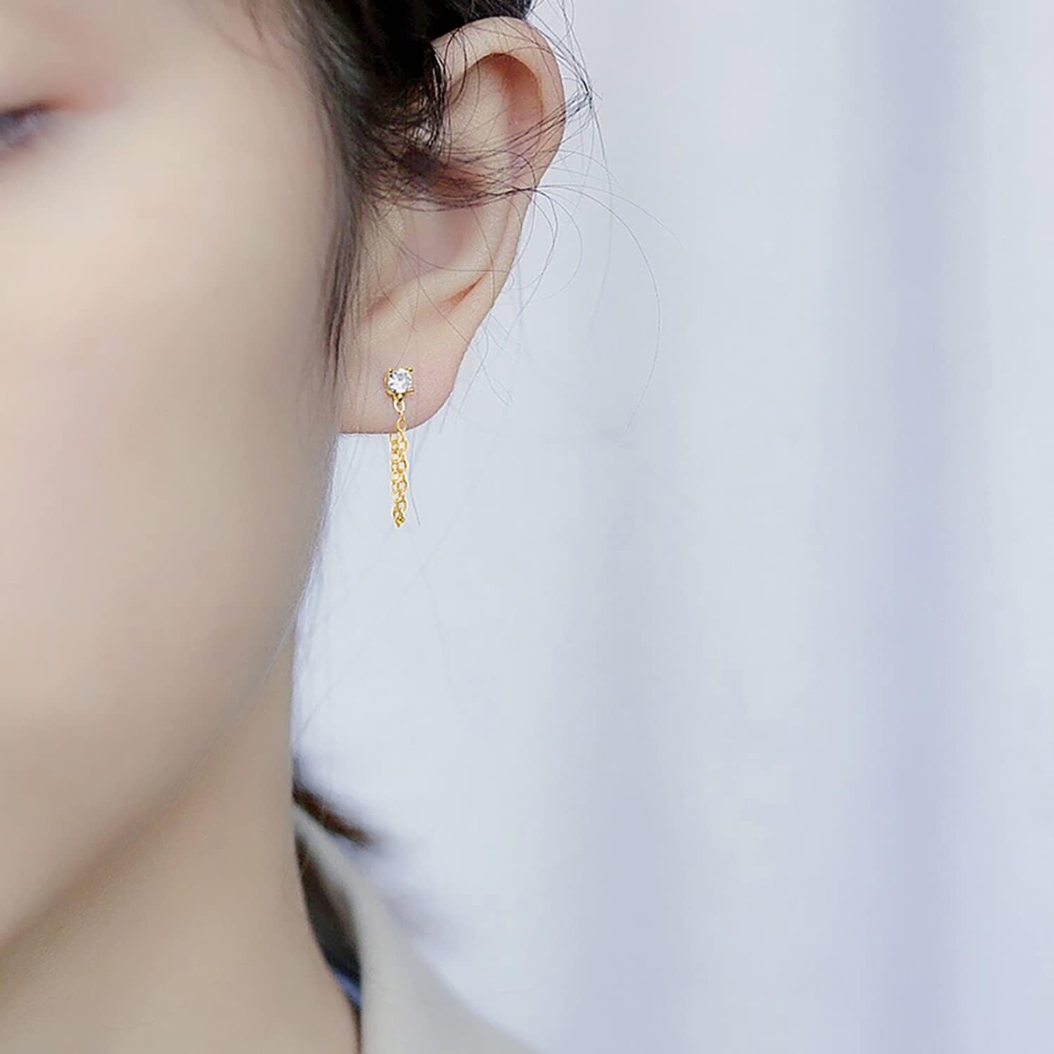 Reffeer 925 Sterling Silver CZ Chain Studs Earrings Dangle for Women Teens CZ Chain Drop Earrings Studs - Image 3