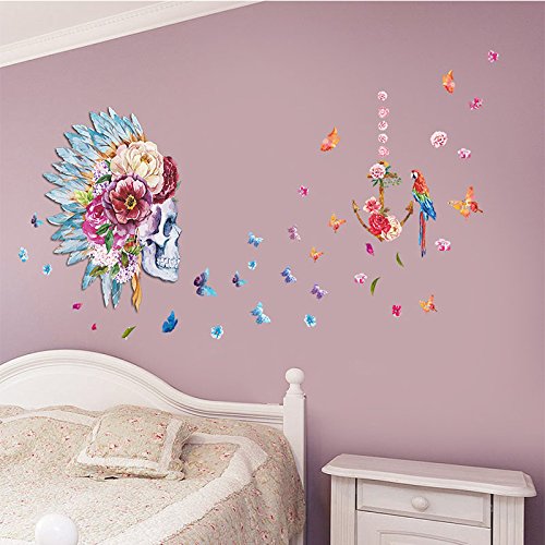Sticker mural indien coloré avec tête de mort, papillon, perroquet, fleur Cover
