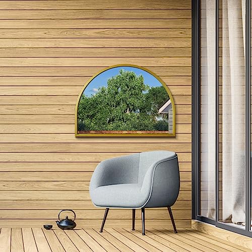 The Arcus - Specchio da parete da giardino con cornice in metallo dorato 125 cm x 90 cm colore: nero. 2 cm di larghezza e 3 cm di profondità.