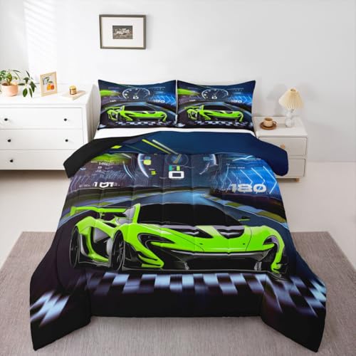 Image of Feelyou Fluorescent Green Race Car Bedding Set - Twin Size Comforter Set with 1 Pillowcase - Extreme Sports Car Comforter with Inner Fill Duvet Set