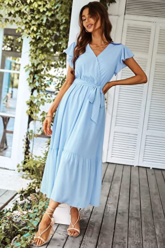 PRETTYGARDEN Women's Summer Floral Boho Maxi Dress Wrap Short Sleeve V Neck Ruffle A-Line Flowy Wedding Guest Long Dresses