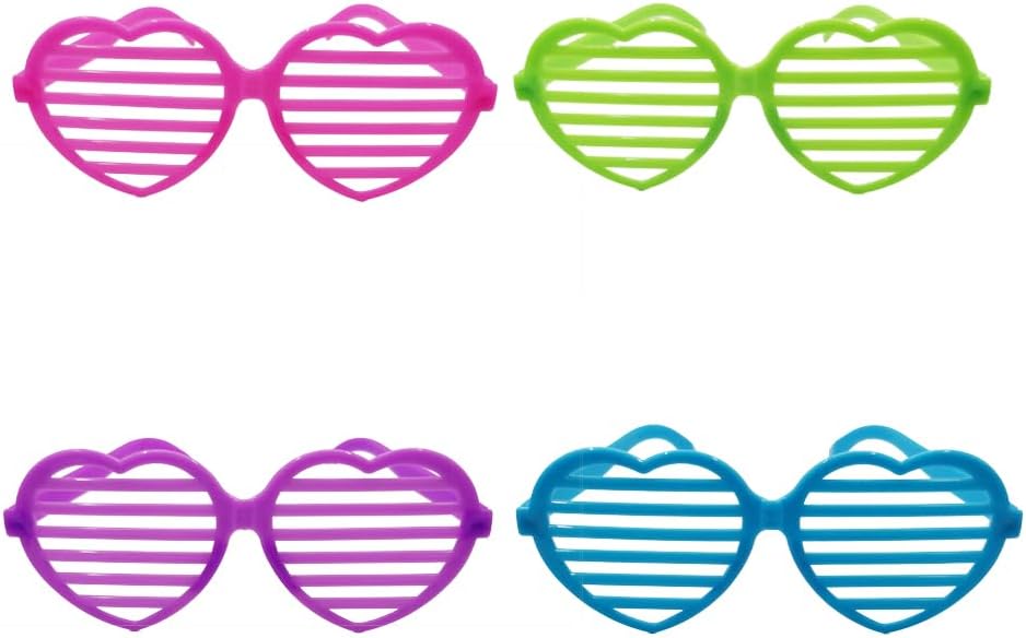 VIGUEUR Heart Shape Plastic Shutter Glasses Shades Sunglasses, 4PCS Neon Glasses (Purple,Green,Red,Blue)