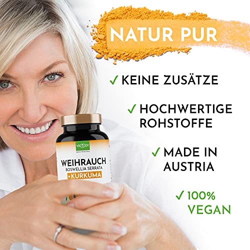 Weihrauch Kurkuma Vergleichssieger, 180 Kapseln hochdosiert Boswellia Serrata 2000mg, 85% Boswelliasäure, 500mg CURCUMA, 95% Curcuminoide Tagesdosis, ohne Zusätze oder chemische Entzündungshemmer